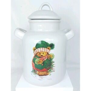 Vtg Hallmark Christmas Teddy Bear Holly Canister‎ Jar Lid Handles 9"